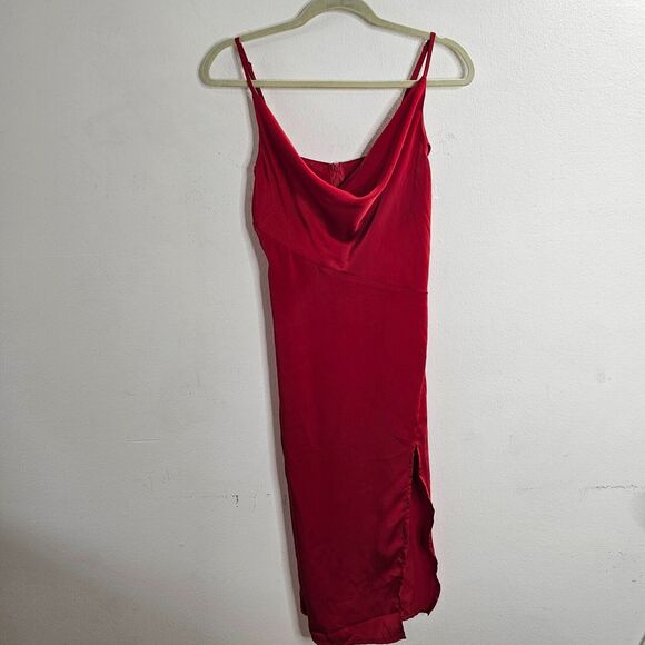 D&M Red Sexy Spaghetti Strap Drape Neck Front Slit Back Zip Satin Dress Small - Picture 3 of 10